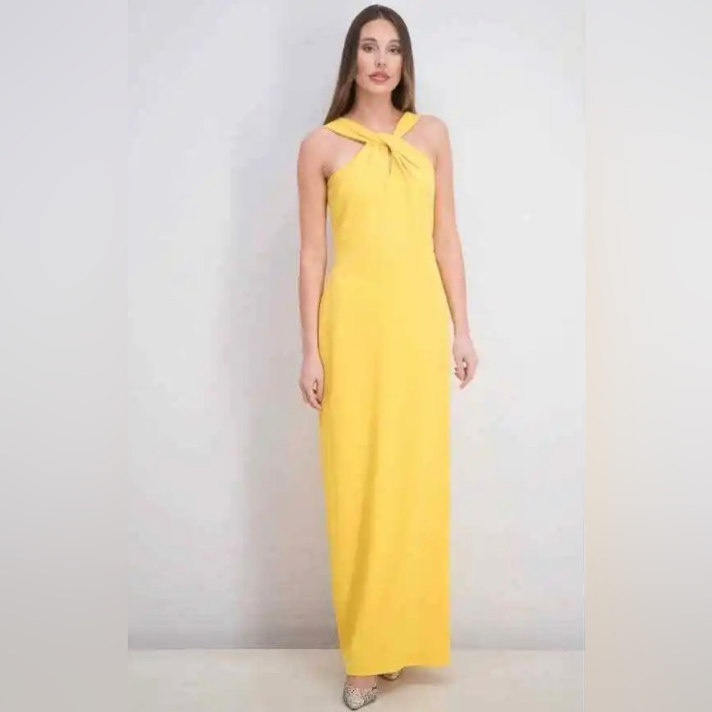 Bebe Scuba Crepe Halter Twist Neck Gown Maxi Sleeveless Womens Yellow 14
